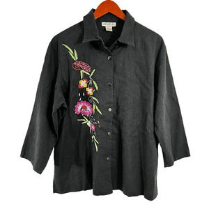 A.K.L. Black Linen Blend Colorful Flower Embroidered Button Up Shirt Womens 2X